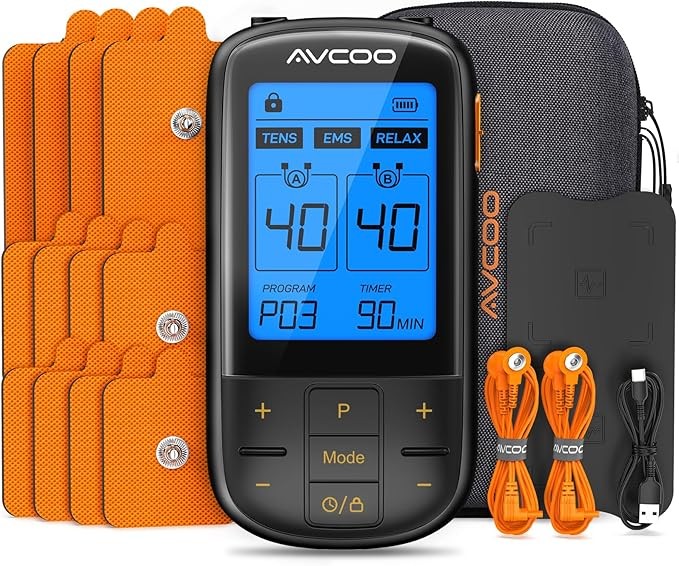 3-in-1 TENS unit with 32 modes, dual-channel EMS muscle stimulator with 40 intensities, used for gradual pain relief treatment, rechargeable electronic pulse massager with 12 electrode pads.